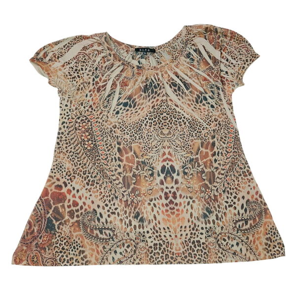 B.L.E.U. Womens Top Multi-Color Size Large 100% Polyester Short Sleeve Pullover - Picture 1 of 11